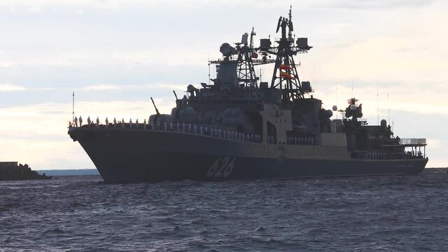 View of Russian Navy, modern russian military naval battleships warships in the row, northern fleet and baltic sea fleet, summer sunny day during the military exercise