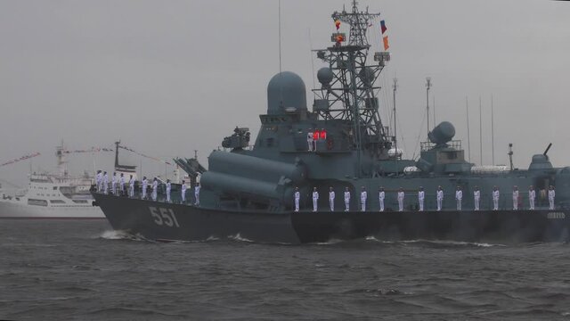 View of Russian Navy, modern russian military naval battleships warships in the row, northern fleet and baltic sea fleet, summer sunny day during the military exercise