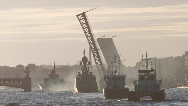 View of Russian Navy, modern russian military naval battleships warships in the row, northern fleet and baltic sea fleet, summer sunny day during the military exercise