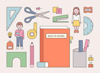 School supplies and student characters. flat design style minimal vector illustration.