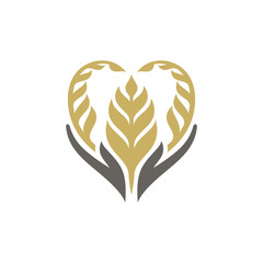 Logo template of wheat with heart and hand shape suitable for organic food icon, rice product label, health nutrition, foodstuffs, bread and others