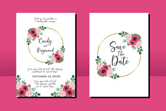 Wedding invitation frame set, floral watercolor hand drawn Anemone and Hydrangea Flower design Invitation Card Template