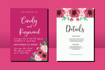 Wedding invitation frame set, floral watercolor hand drawn Anemone and Hydrangea Flower design Invitation Card Template