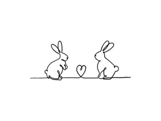Naklejka premium Couple rabbit continuous line vector drawing.