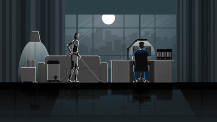 Robot Artificial intelligence mechanism clean and work as a maid in the house for 24 hours in the dark and full moonlight with people. A man working from home on a desktop computer in the living room.