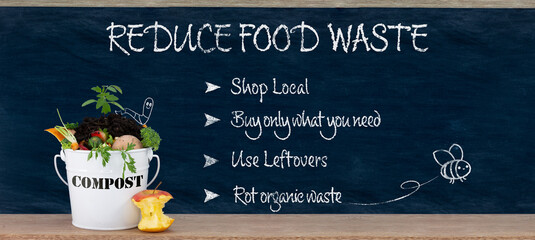 Reduce food waste text, ways to stop food waste listed on chalk board with compost bin, sustainable living and zero waste