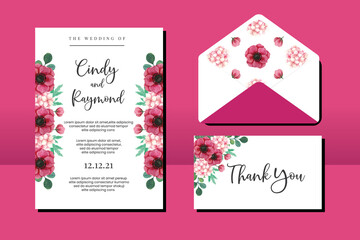 Wedding invitation frame set, floral watercolor hand drawn Anemone and Hydrangea Flower design Invitation Card Template