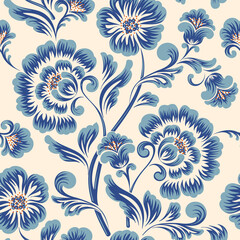 Blue vintage flower set hand drawn art background template vector.	
