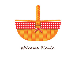 Illustration vector flat cartoon icon or logo of isolated Wicker Picnic Basket or Hamper and blanket on white background on picnic party invitation concept.