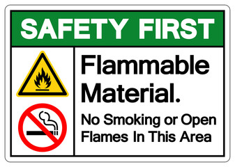 Safety First Flammable Material No Smoking or Open Flames in This Area Symbol Sign, Vector Illustration, Isolate On White Background Label. EPS10