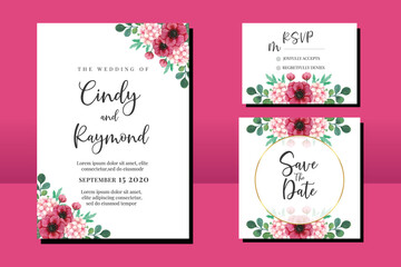 Wedding invitation frame set, floral watercolor hand drawn Anemone and Hydrangea Flower design Invitation Card Template