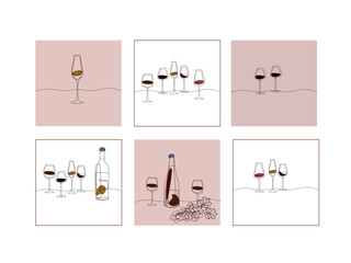 Set one line drawing a bottle of wine and wine glass. Minimalist sketch hand drawn isolated on white background. Simplicity line art abstract