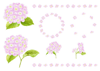 ピンクのアジサイの水彩画飾りセット