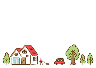 シンプルかわいい家と木のある街で犬の散歩をする人と車のイラスト