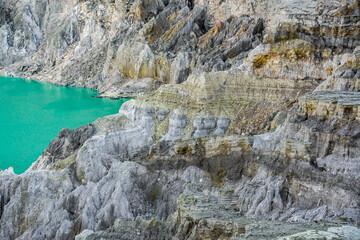 Ijen volcano crater and Blue green lake. Beautiful Landscape mountain and green lake with smoke sulfur in the morning in a Kawah Ijen volcano. Beautiful landmark from East Java, Indonesia