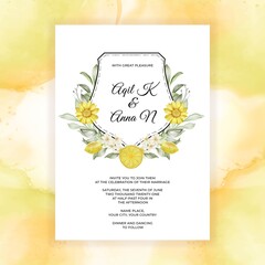 spring lemon flower watercolor frame for background wedding invitation