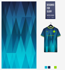 Soccer jersey pattern design. Geometric pattern on blue abstract background for soccer kit, football kit or sports uniform. T-shirt mockup template. Fabric pattern. Sport background. 
