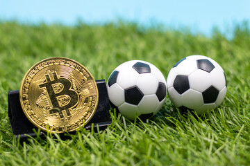 Soccer ball with Bitcoin are on green grass