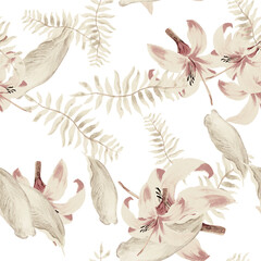 Gray Pattern Texture. Pink Tropical Palm. White Seamless Textile. Brown Flower Nature.Summer Art.Decoration Texture. Flora Leaves. Spring Nature.