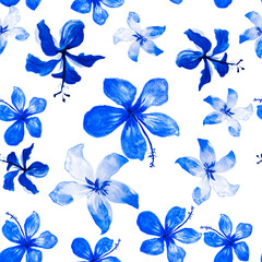 Obraz premium Navy Tropical Plant. Blue Seamless Plant. Azure Pattern Plant. Indigo Flower Design. Cobalt Spring Foliage. White Flora Textile. Gray Decoration Palm.