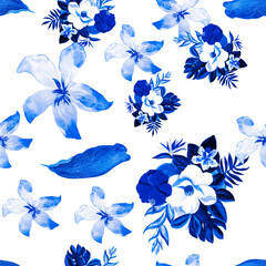 Blue Seamless Palm. Navy Pattern Nature. White Tropical Design. Gray Decoration Hibiscus. Cobalt Drawing Texture. Indigo Wallpaper Leaf. Garden Design.