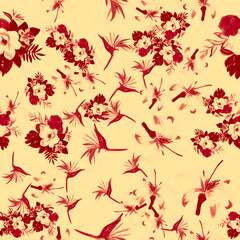 Scarlet Pattern Art. Brown Tropical Design. Gray Floral Foliage. Ruby Drawing Leaves. Coral Fashion Painting. Red Flora Background. Decoration Nature.