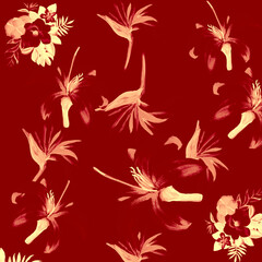 Fototapeta na wymiar Ruby Pattern Illustration. Gray Tropical Art. Scarlet Floral Foliage. Brown Drawing Design. Coral Fashion Palm. Red Flora Leaves. Decoration Art.