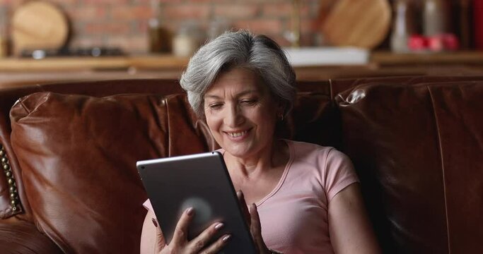 Happy young middle aged woman resting on comfortable couch, enjoying using modern tech gadget applications, web surfing information online, communicating distantly, watching photo video on tablet.