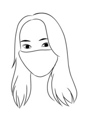 Black and white line art of woman ( girl ) wears face mask during Coronavirus. Minimal line artwork of female.