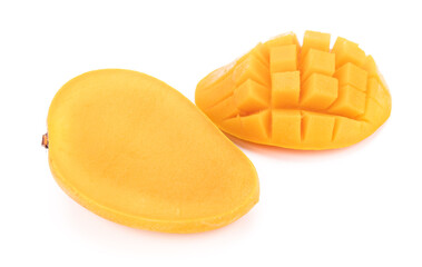 sliced mango and half diced mango on white background, isolated