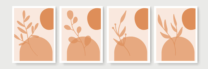 Obraz premium Botanical wall art vector set. Earth tone boho foliage line art drawing with abstract shape. Abstract Plant Art design for print, cover, wallpaper, Minimal and natural wall art.
