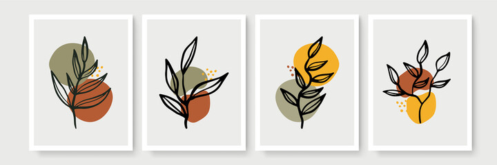 Botanical wall art vector set. Earth tone boho foliage line art drawing with abstract shape. Abstract Plant Art design for print, cover, wallpaper, Minimal and natural wall art.