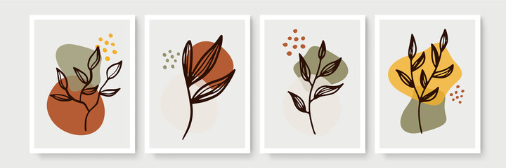 Abstract modern botanical boho poster collection. Organic bohemian wall art poster for minimal luxury interior with watercolor abstract shapes. Neutral paster color, foliage drawing. Acrylic vector