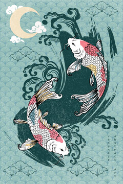 Abstract Art Double Koi Carp Fishes Swim in Circle on Green Brush Stroked River with Water Splash Spreading and Crescent Moon with Clouds on Japanese Bush Repeat Pattern Pale Green Background Vector