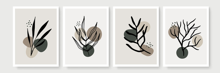 Botanical wall art vector set. Minimal and natural wall art. Boho foliage line art drawing with abstract shape. Abstract Plant Art design for print, wallpaper, cover. Modern vector illustration.