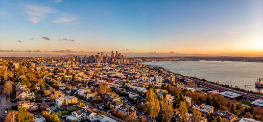 Skyline at sunset from drone