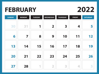 February 2022 Calendar Printable, Calendar 2022, planner design, Desk calendar template, Wall calendar, organizer office, Simple calendar, week starts on sunday, Modern calendar design, vector eps 10