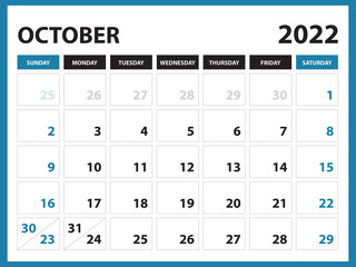 October 2022 Calendar Printable, Calendar 2022, planner design, Desk calendar template, Wall calendar, organizer office, Simple calendar, week starts on sunday, Modern calendar design, vector eps 10