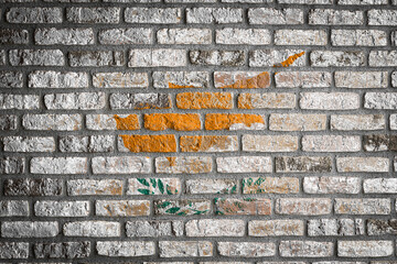 National flag of Cyprus depicting in paint colors on an old brick wall. Flag  banner on brick wall background.