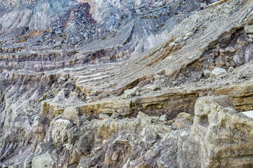 Fototapeta na wymiar Rock wall and sulphur mining in Ijen crater in the morning in Kawah Ijen volcano Landmark from East Java Indonesia
