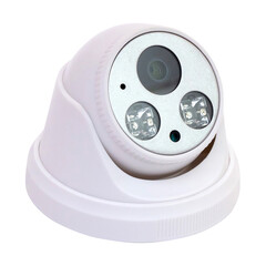 White closed-circuit television camera isolated on white background, closeup. Security concept