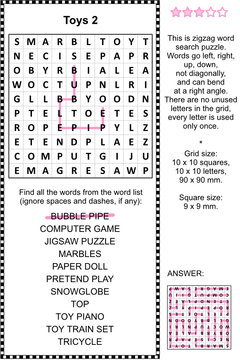 Toys and games themed zigzag word search puzzle 2 (suitable both for kids and adults). Answer included.
