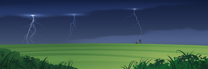Summer rural landscape. Farm scene with country fields and stormy sky.