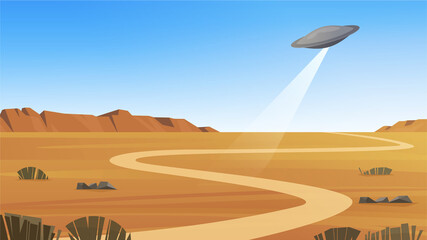 Flying saucer over the desert landscape. UFO over Nevada. Vector illustration. © NMacTavish