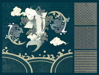 Abstract Art Japanese Carp Fish with Green and Deep Blue Scale Flying from  Asian Water Print Style with Japan Wave, Bushes and Splash Icons On Blue Background Vector Graphics for Wrapping Paper