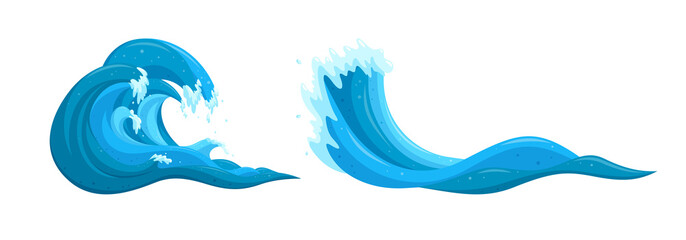 Flooing water elements. Ocean tsunami waves set. Cartoon vector illustrations isolated on white background - obrazy, fototapety, plakaty