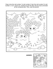 Connect the dots picture puzzle and coloring page, underwater life themed, with anemons, fish, seabed, algae. Answer included.
