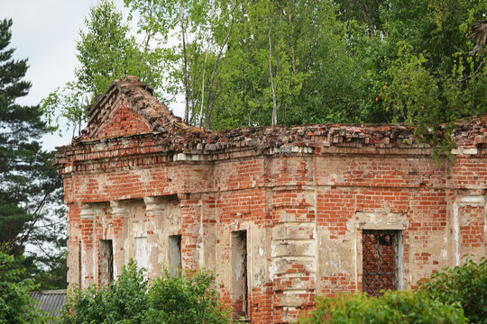 Old ancient abandoned red brick ruins overgrown by plants