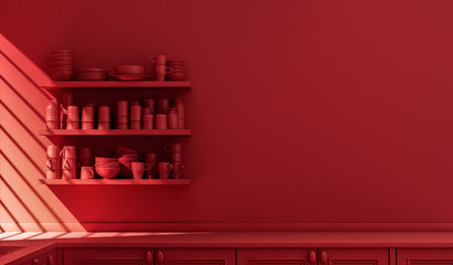 Wall mounted red kitchen dresser with everyday kitchenware inside in monochrome, single color red kitchen with countertop in warm morning sunlight. Flat color scene, 3d Rendering. Morning Shine.