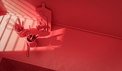 Stylized countertop  and everyday utensils on it in warm morning sunlight.  monochrome red color kitchen view from top, solid and flat color scene, 3d Rendering. Morning Shine